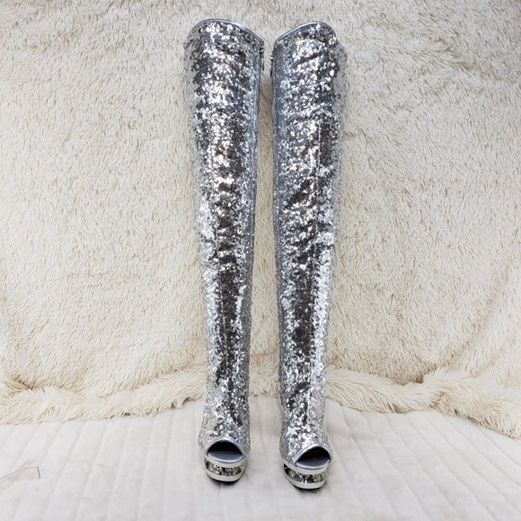 Silver Sequin Open Toe Thigh High Heel Boots - Picture 15 of 15